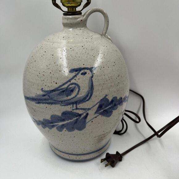 Vintage Pottery Large Table Lamp Salt Glazed Stoneware Crock Jug Light Birds - Picture 1 of 8